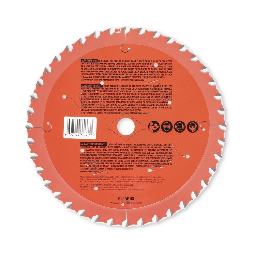 CRESCENT Circular Saw Blade 7 1/4 x 40 Tooth Fine Cut Finishing ;