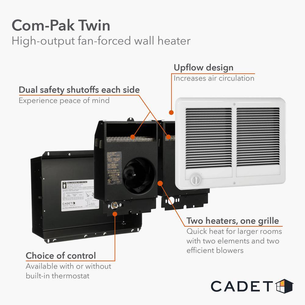 Cadet 240208-volt 40003000-watt Com-Pak Twin In-wall Fan-forced Electric Heater in White with Thermostat CSTC402TW