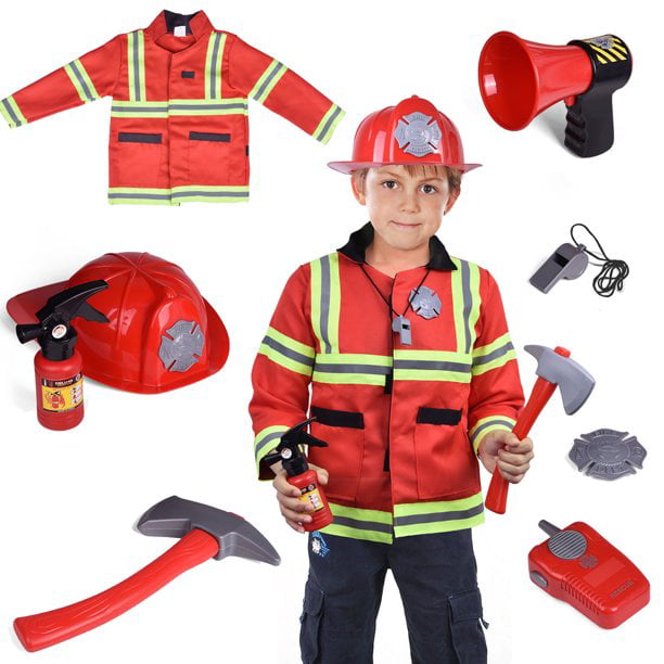 Fun Little Toys Kids Fire Chief Costume, Fireman Dress Up Set, Fire Fighter Outfit, Pretend Role Play Firefighter Gifts for 3, 4, 5, 6 Year Old Toddler