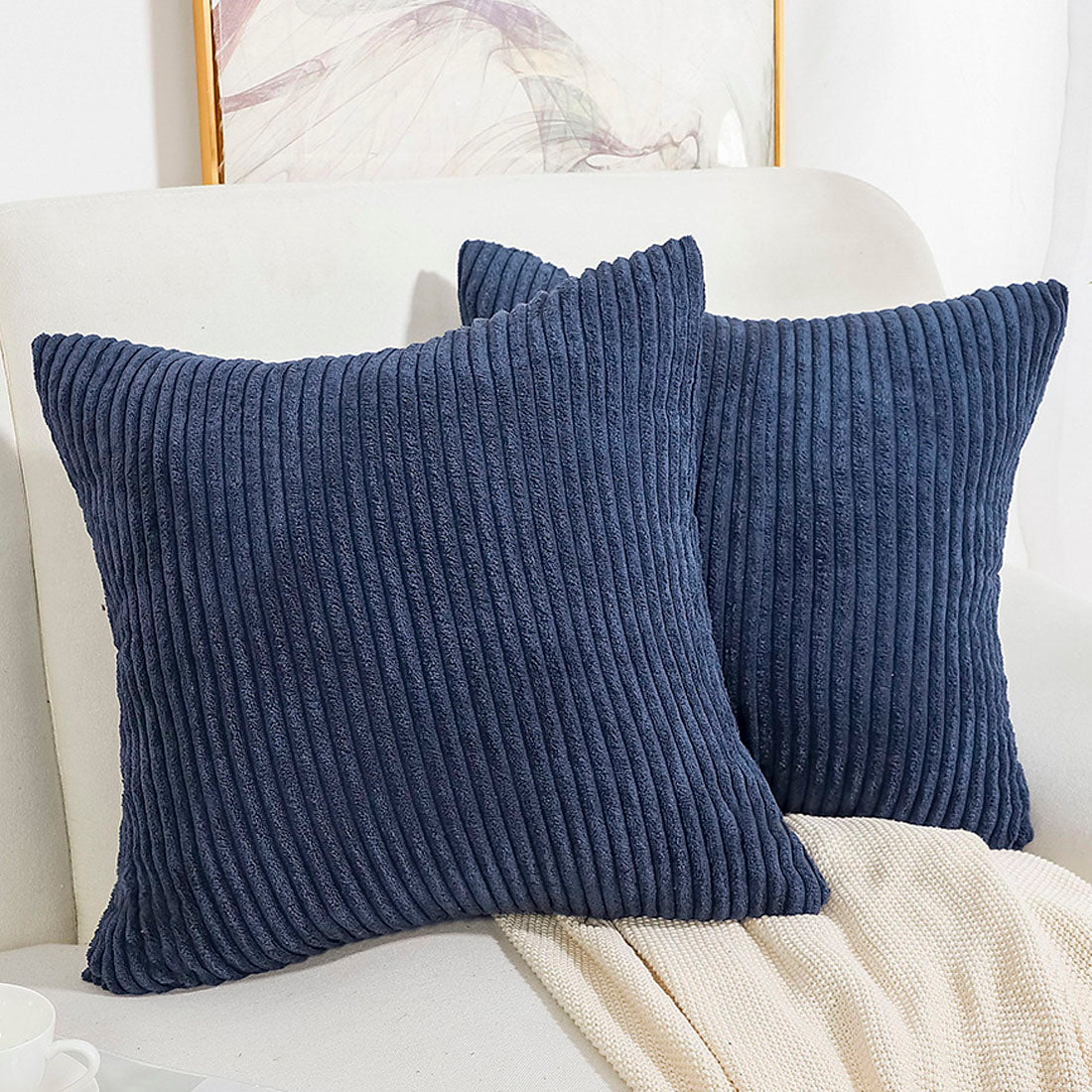 2-pcs Solid Corduory Decorative Throw Pillow Covers Navy Blue 18