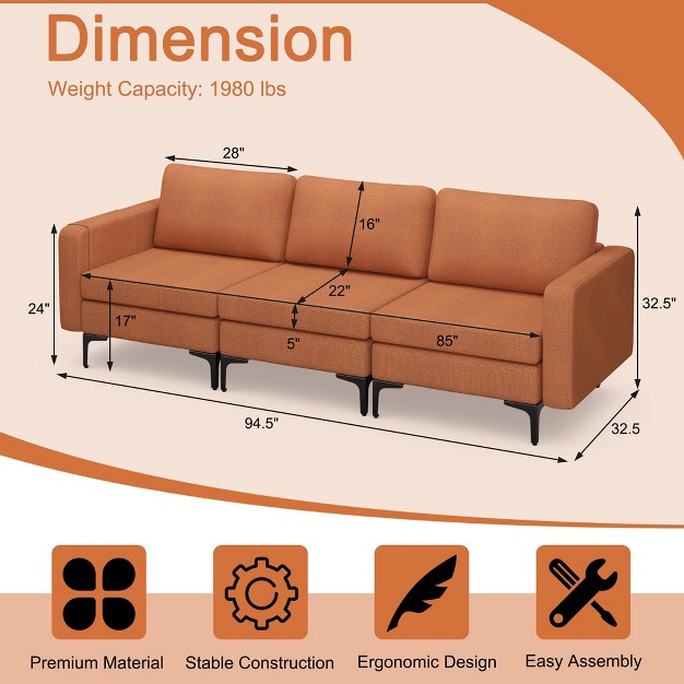 Costway Modular 3 seat Sofa Couch W Socket Usb Ports amp Side Storage Pocket Orange dark Grey