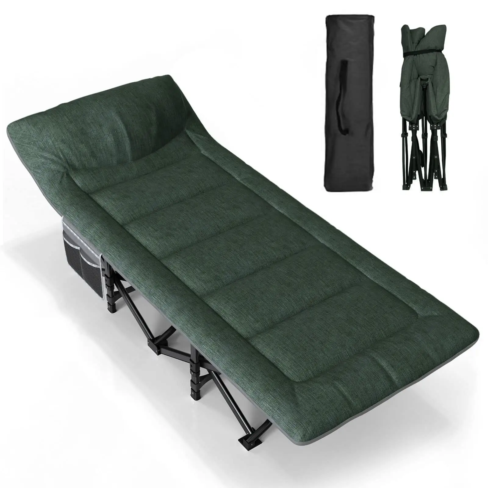 No Assemble Portable Strong X Shape Steel Frame Army Green Color Poly Linen Folding Camping Cot Bed for Adults.