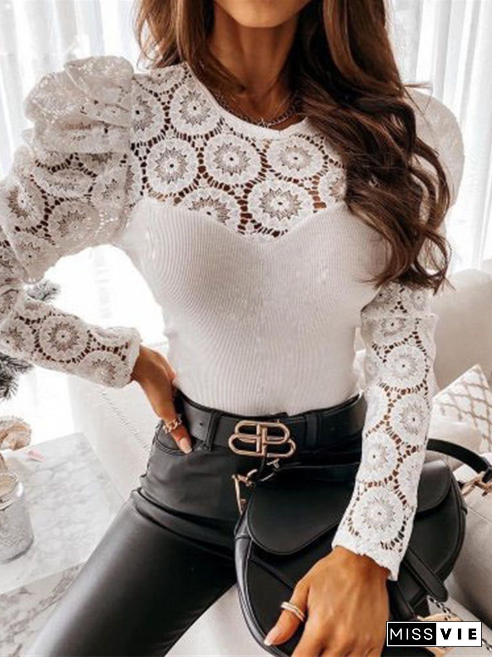 Women'S T-Shirts Lace Long Sleeve Slim Fit T-Shirt