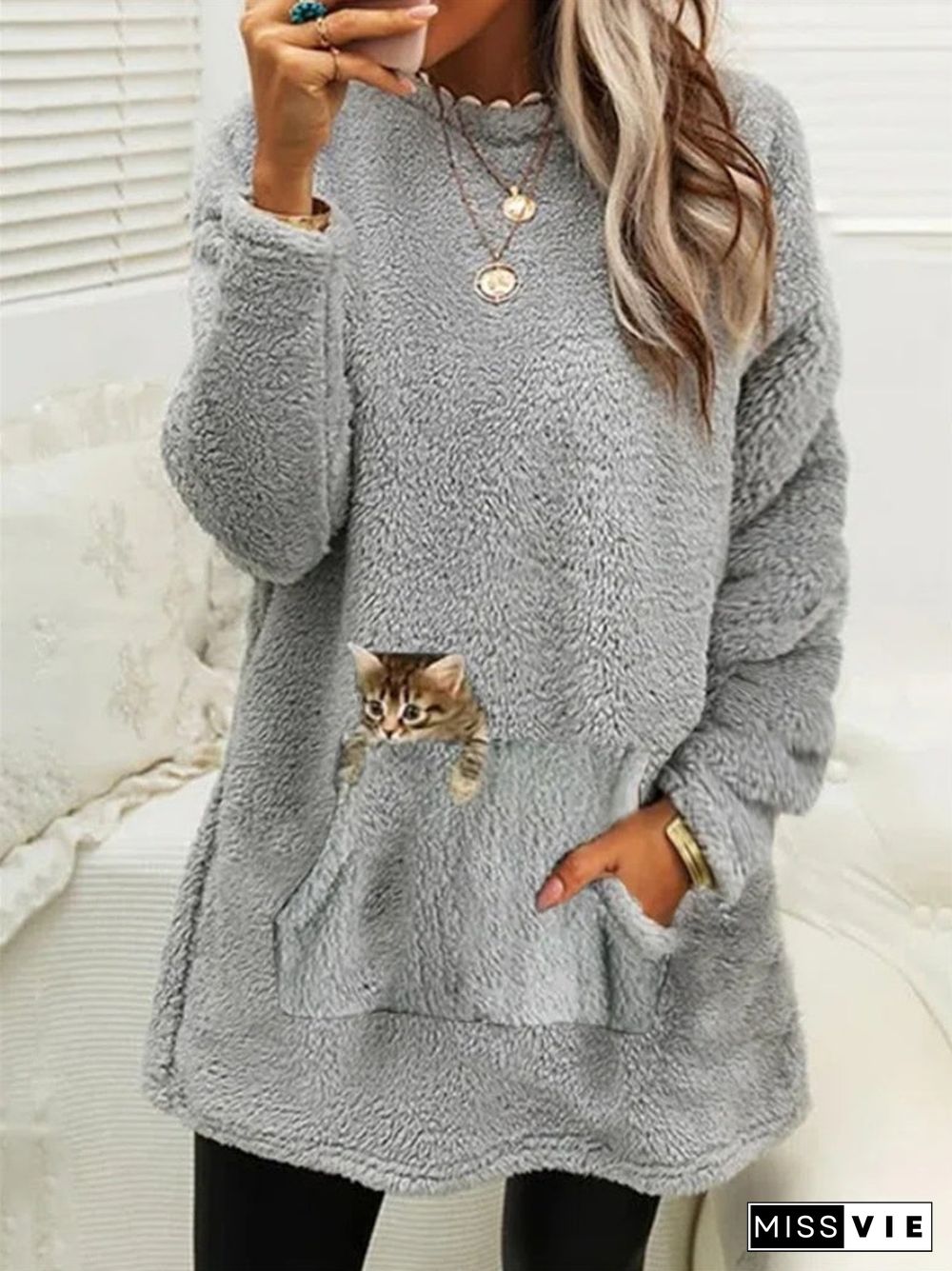 Women Long Sleeve Scoop Neck Pockets Cat Sweatshirts Tops