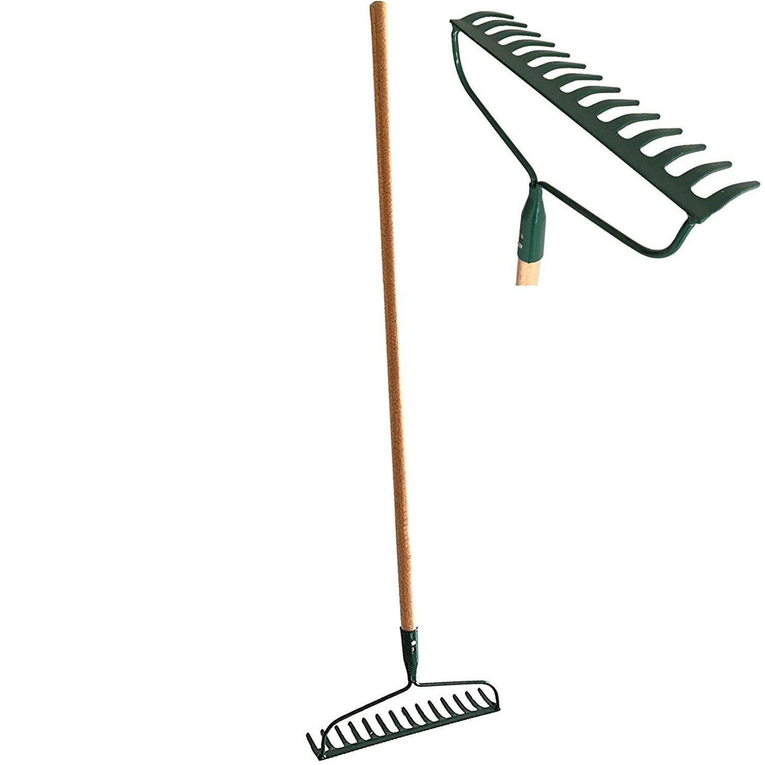 HEAVY-DUTY Garden Bow Rake Wood Handle Landscape Cultivator Gardening tool for loosening and leveling mulch, peat moss and loose or heavy soils 14-Tine Tempered Steel head and extra thick end teeth