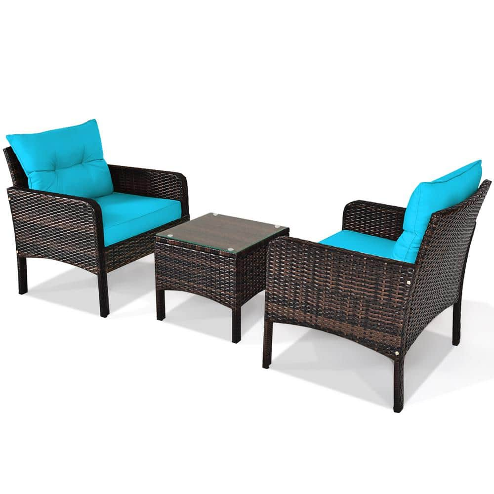 Gymax Rattan 3-Piece Wicker Patio Outdoor Furniture Set Coffee Table with Turquoise Cushion GYM07289