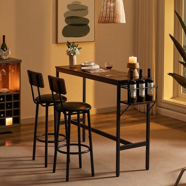 3pcs Industrial Style Bar Table Set with Wine Bottle Storage Rack