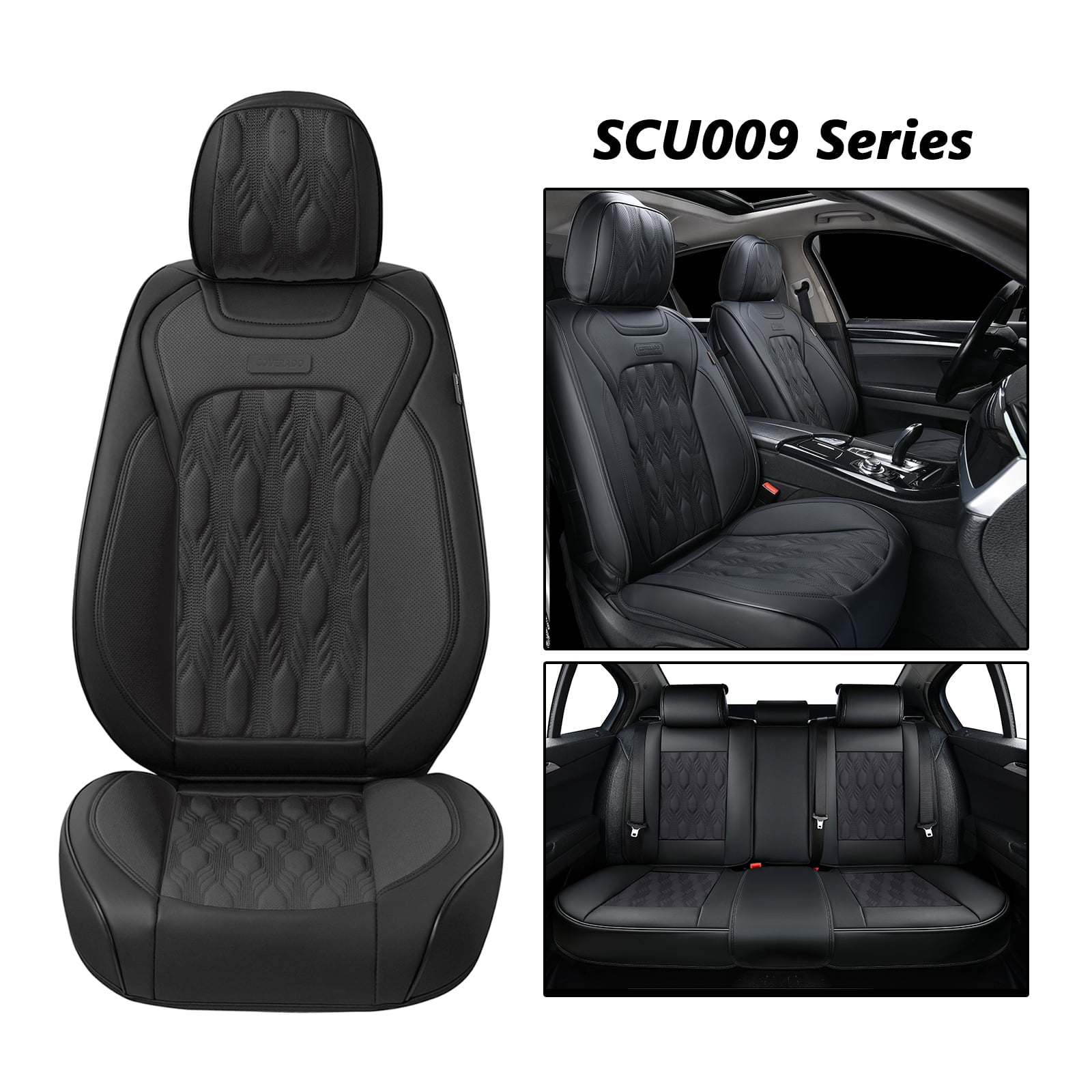 Coverado Car Seat Covers， Premium Nappa Leather Auto Seat Cushions Full Set with Embossed Pattern， Universal Fit Interior Accessories for Most Cars， Sedans， SUVs and Trucks， Black