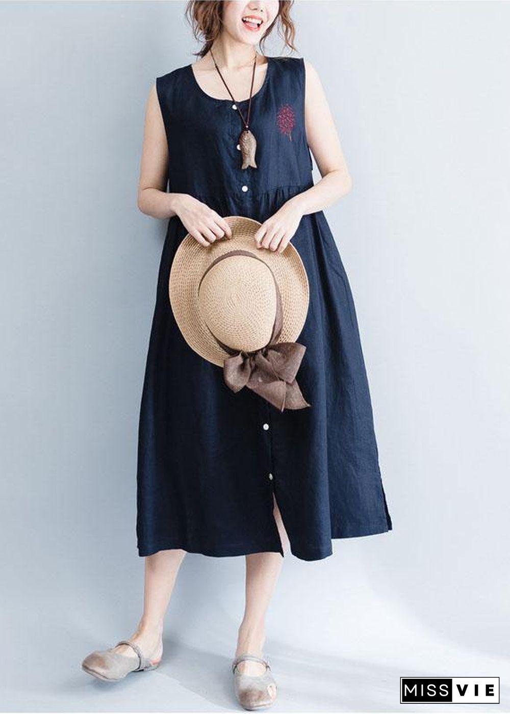 Women navy patchwork linen cotton clothes For Women sleeveless Maxi summer Dress