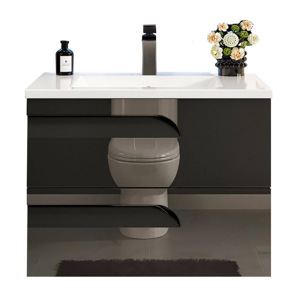 Eviva Joyous  32 in. W x 18 in. D x 22.5 in. H Floating Bath Vanity in Black with White Porcelain Top EVVN23-32BLK-WMN