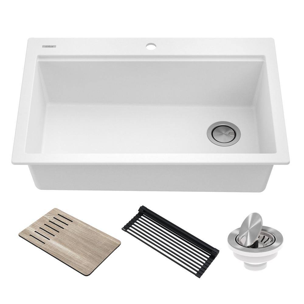 KRAUS Bellucci Workstation 33 in. Drop-In Granite Composite Single Bowl Kitchen Sink in White with Accessories KGTW1-33WH