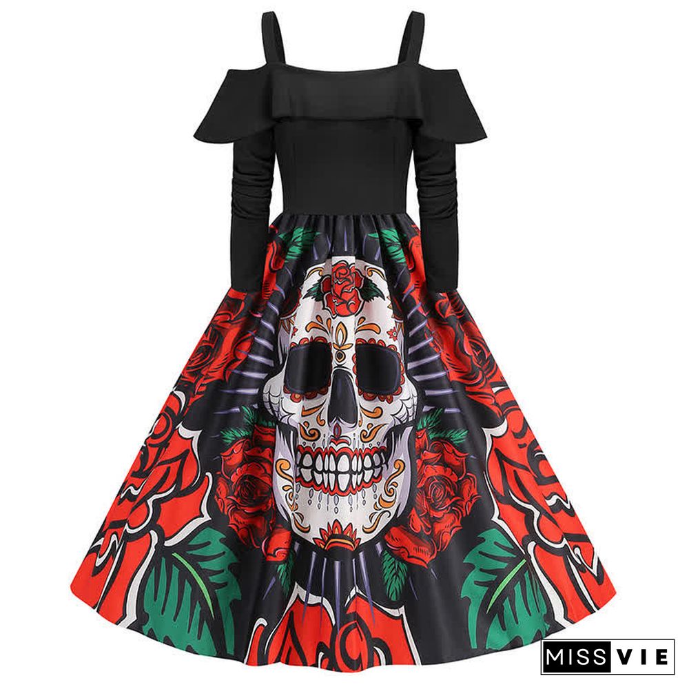 Halloween Printed Off The Shoulder Long Sleeve Dress