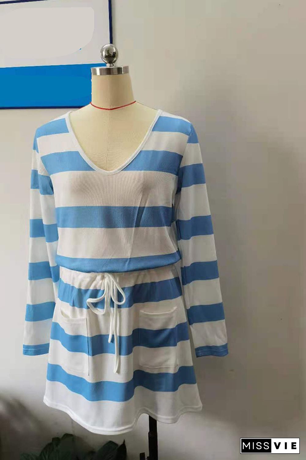 Colorful Stripe Drawstring V-neck Long Sleeve Dress Women Wholesale