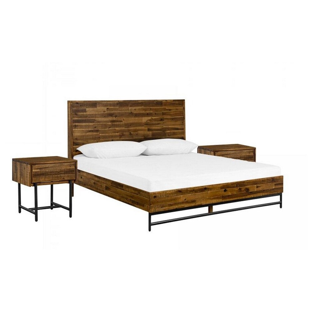 Wooden Queen Size Bedroom Set with Nightstand  Set of 3  Black and Brown