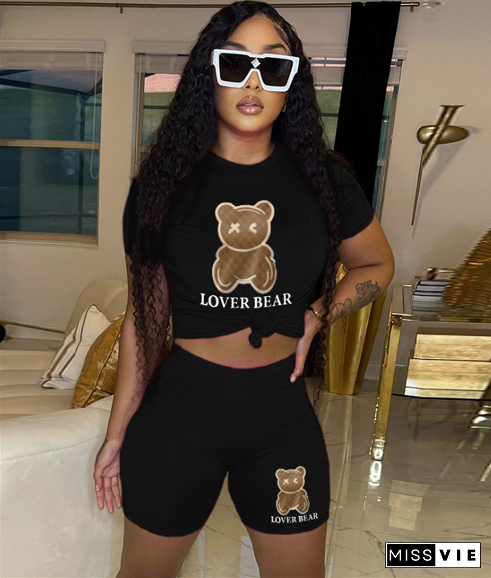 Cartoon Bear Print Black T Shirt Shorts 2 Piece Set