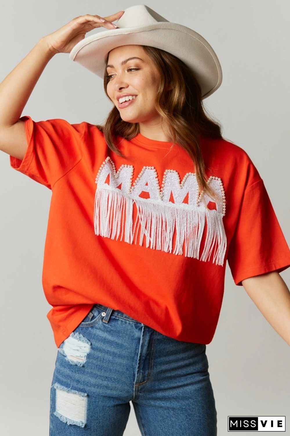 Orange Fringe Trim Beaded MAMA Lettering Oversize T Shirt