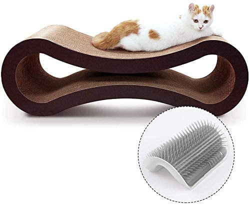 ScratchMe Cat Scratching Post Lounge Bed, Cat Scratcher Cardboard Board Pads Catnip and Groomer Brush, Brown, 1-Pack