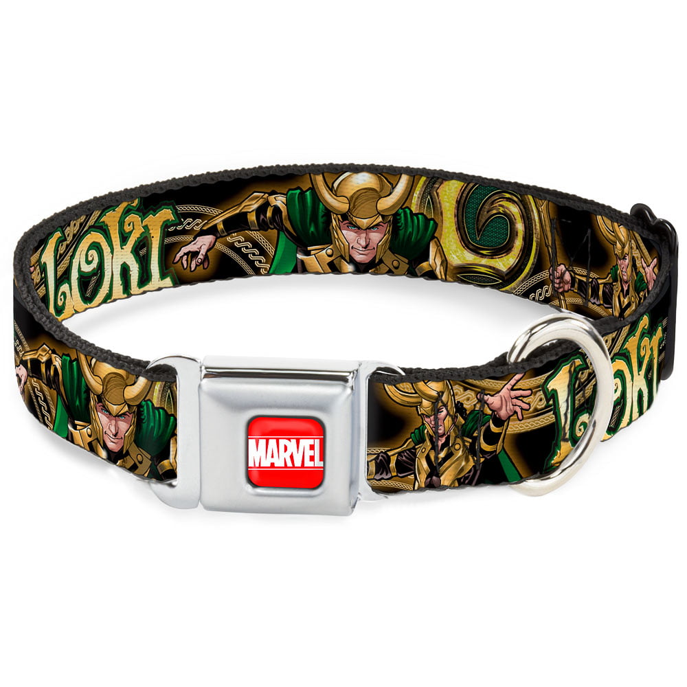 Marvel Comics Pet Collar， Dog Collar Metal Seatbelt Buckle， Loki Poses Black Gold Green， 11 to 16.5 Inches 1.0 Inch Wide