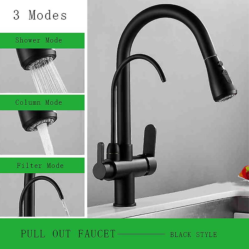 Matte Black Filtered Crane For Kitchen Pull Out Spray 360 Rotation Water Filter Faucet Three Ways Sink Mixer Kitchen Faucet