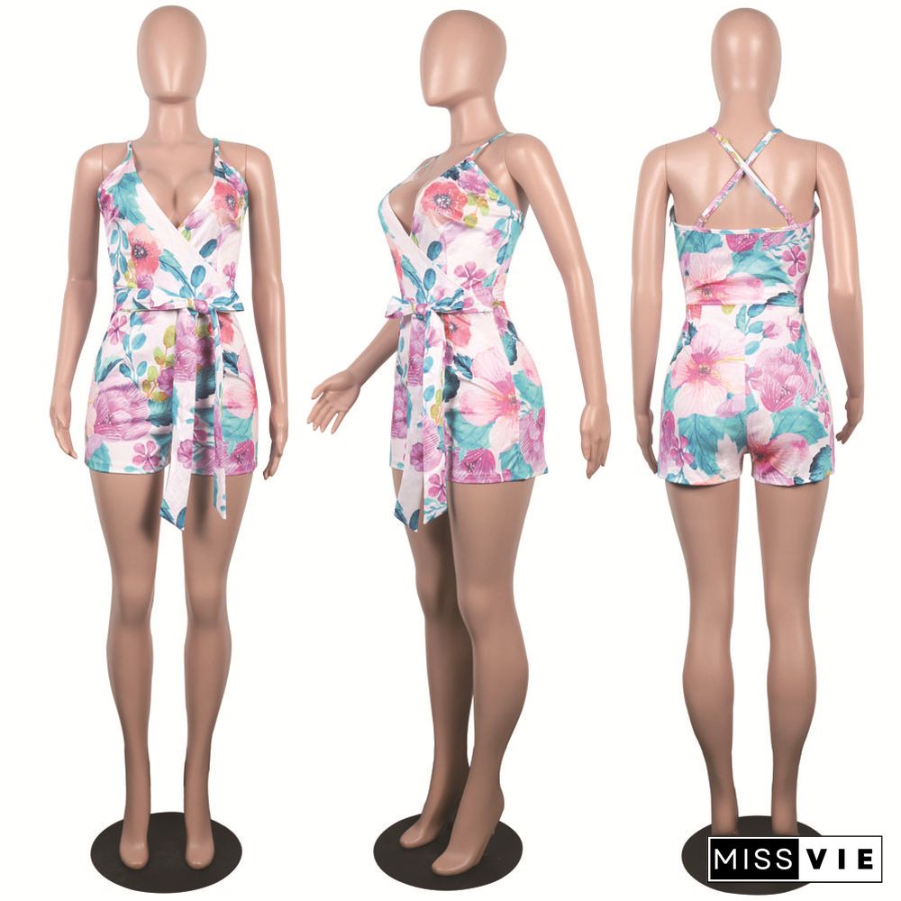 Women Holiday Floral Print V Neck Sleeveless Summer Bandage Beach Halter Neck Skinny Rompers