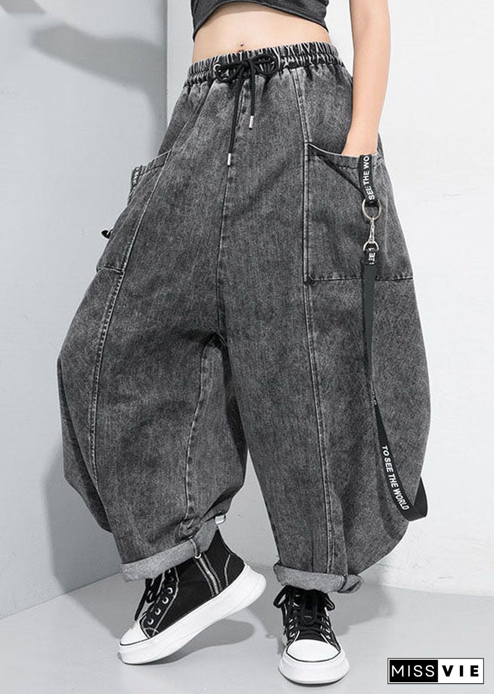 Beautiful Black Grey Cinched Patchwork denim Pants Trousers Spring