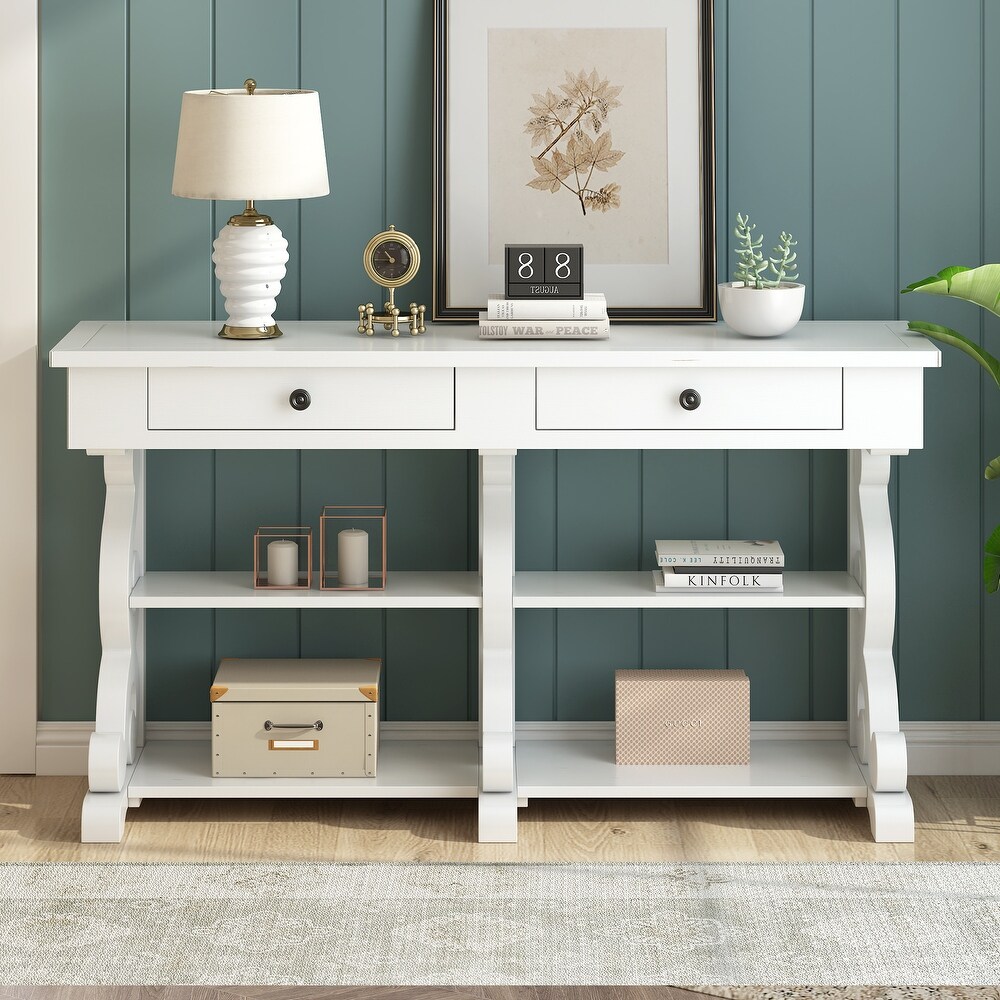 Storage Console Table with Open Shelves and Drawers for Entrance and Living Room