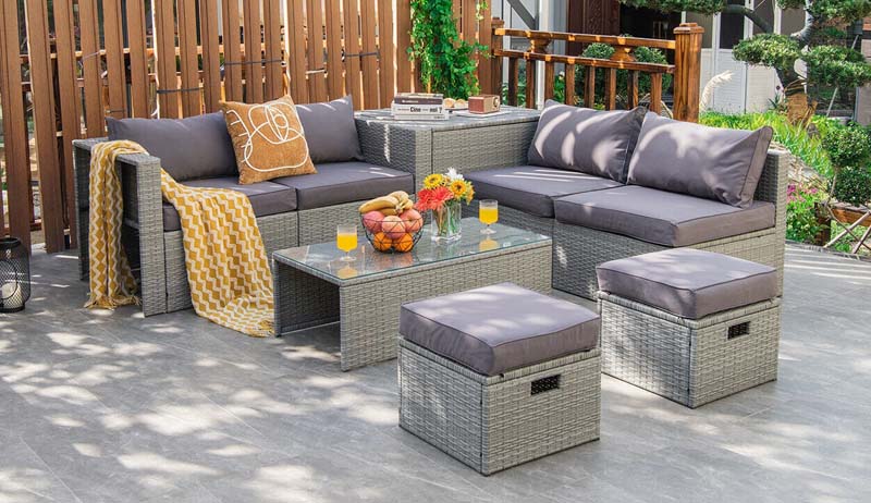 8 Pcs Rattan Patio Sectional Furniture Set Wicker Outdoor Cushioned Sofa Set with Storage Box & Waterproof Cover