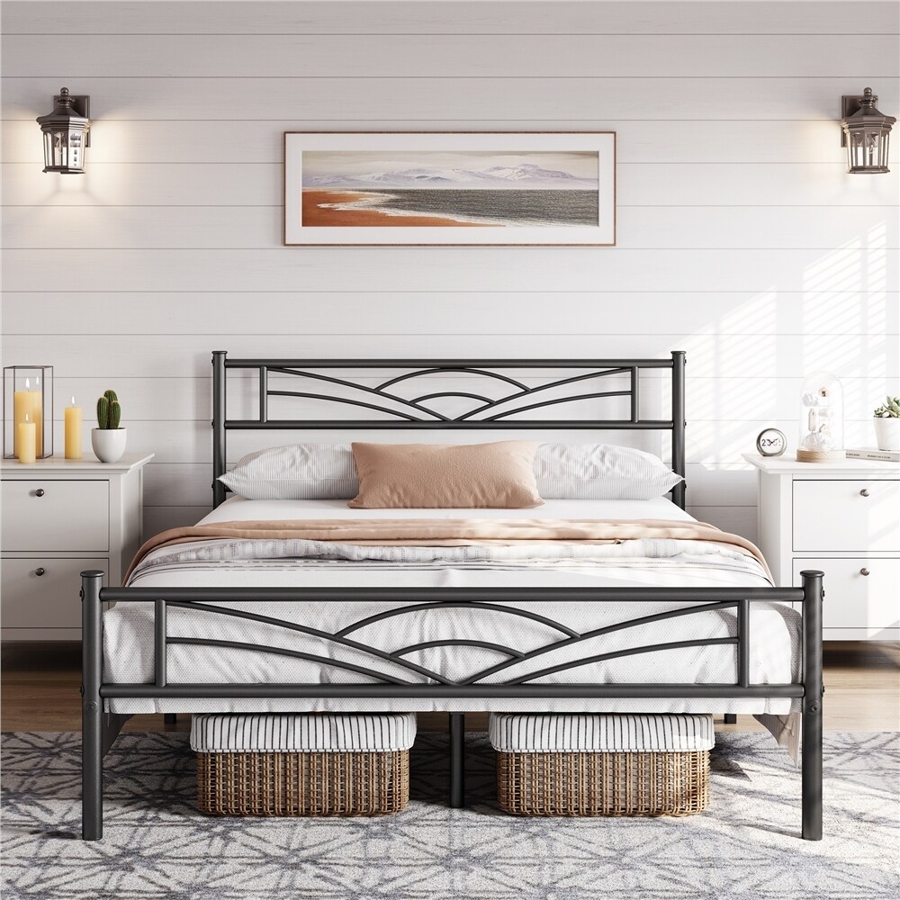 Yaheetech Metal Platform Bed Frame with Underbed Storage Bed Frame with Cloud inspired Design Headboard