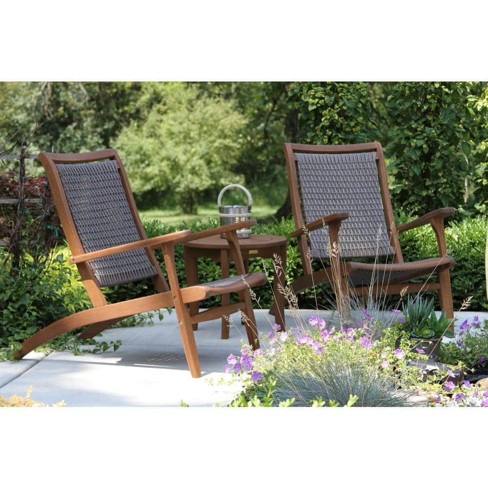 Brown Stained Weather Resistant Eucalyptus Wood Outdoor Lounge Chair with Grey Wicker