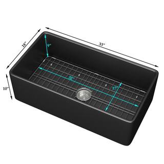 Black Fireclay 33 in. Single Bowl Farmhouse Apron Kitchen Sink with Bottom Grid and Basket Strainer HKD-331810-B