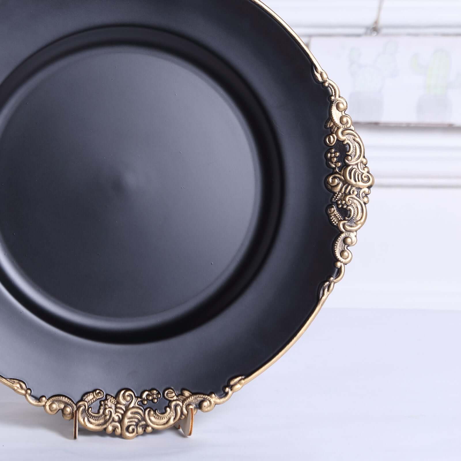 6 Pack Matte Black Gold Embossed Baroque Round Charger Plates With Antique Design Rim 13