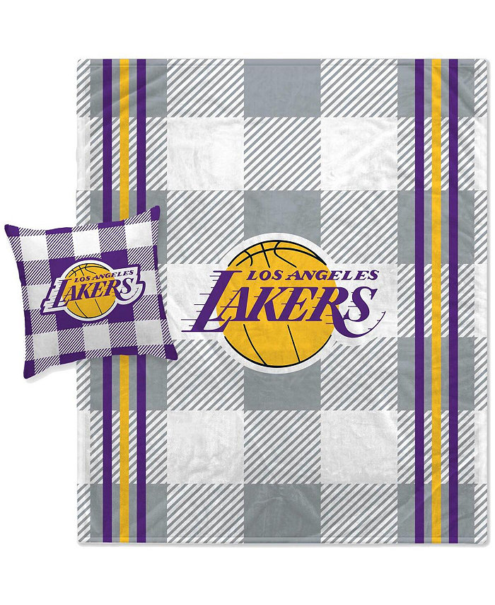 Pegasus Home Fashions Pegasus Los Angeles Lakers Gray Plaid Stripes Blanket and Pillow Combo Set