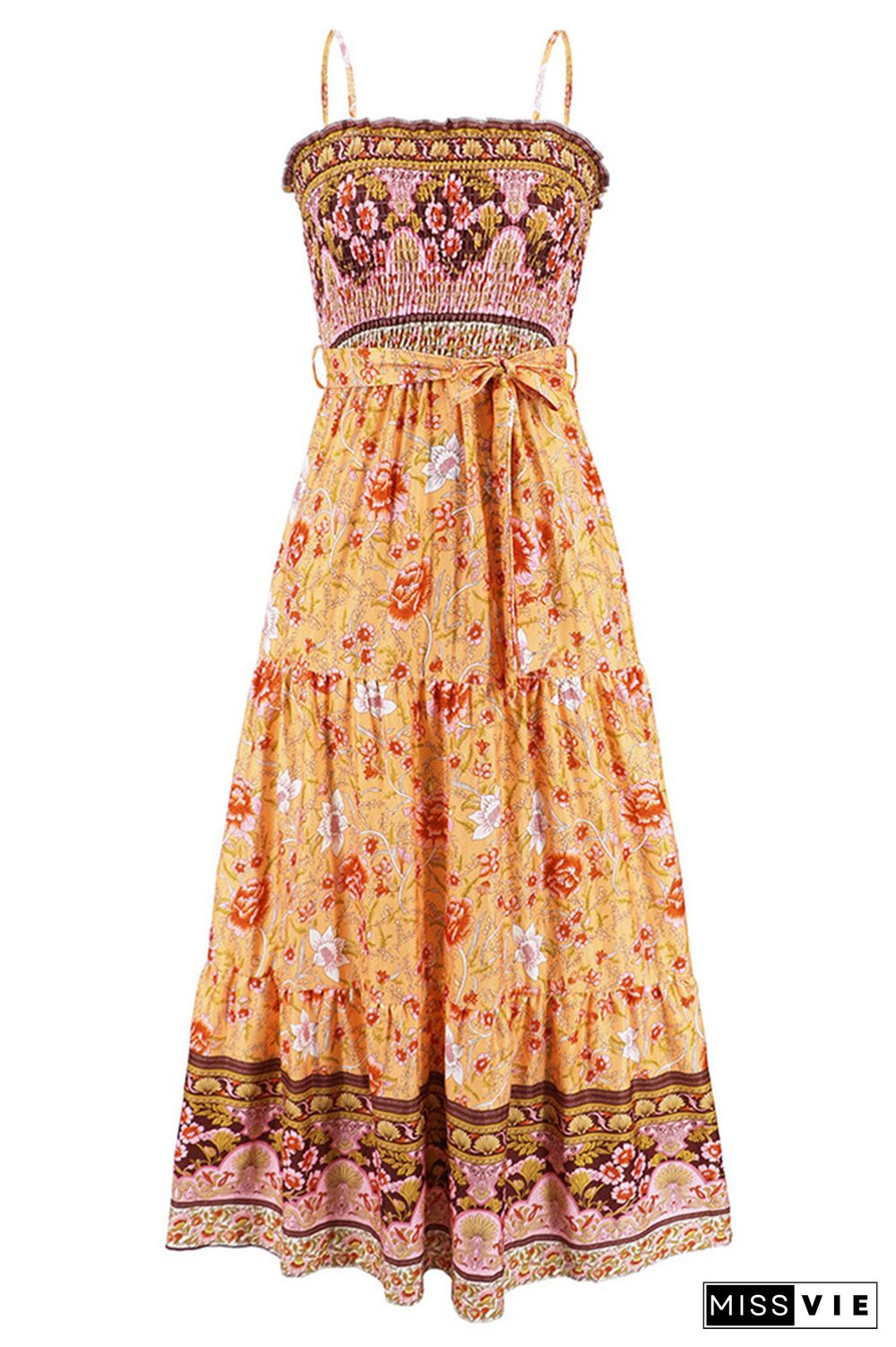 Boho Floral Print Smocked Bandeau Spaghetti Strap Maxi Dress