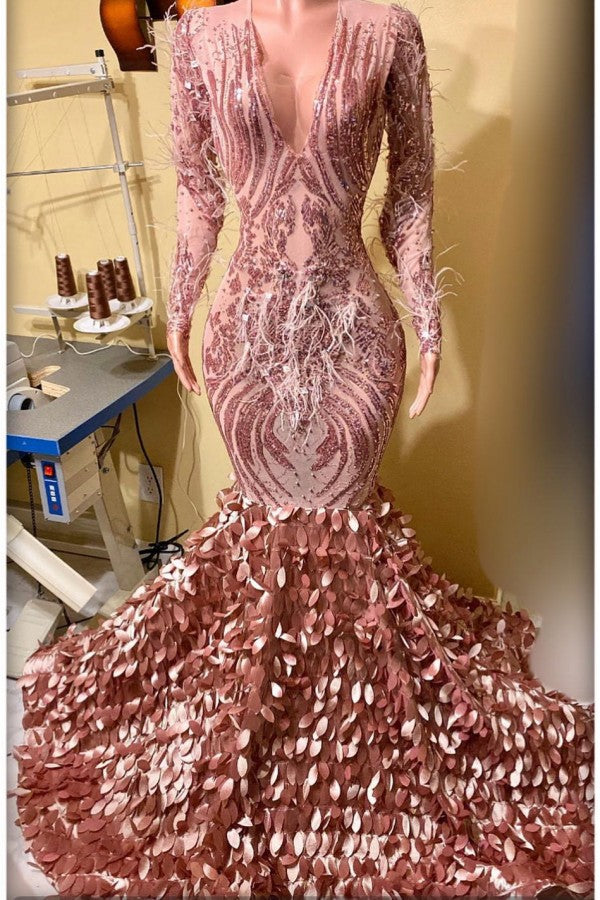 Pink Mermaid Prom Dress Long Sleeves V-Neck With Leaf Pattern Bottom