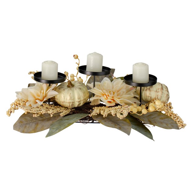 White Dahlia And Pumpkin Fall Candle Holder Centerpiece