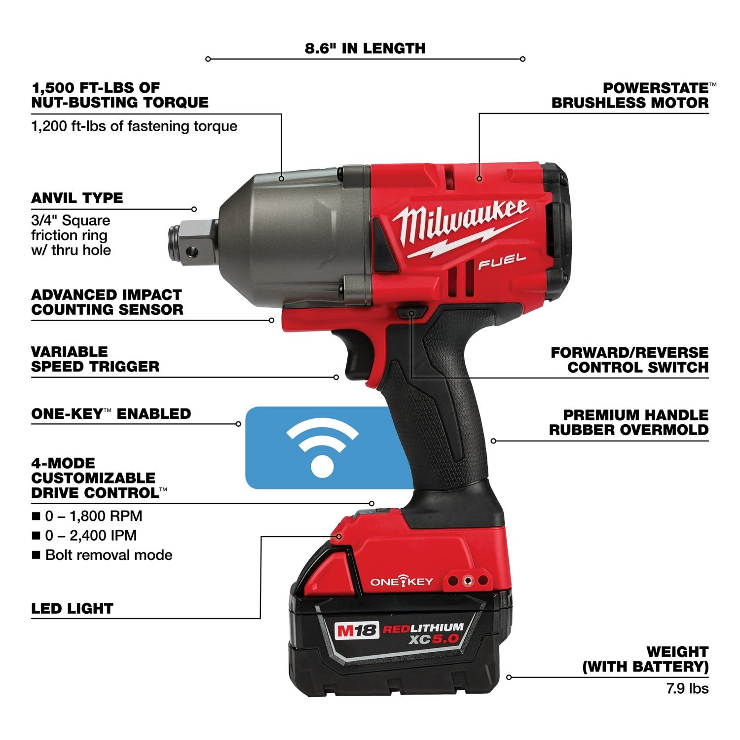 MW M18 FUEL 18 V 3/4 in. Cordless Brushless Impact Wrench Kit (Battery \u0026 Charger)