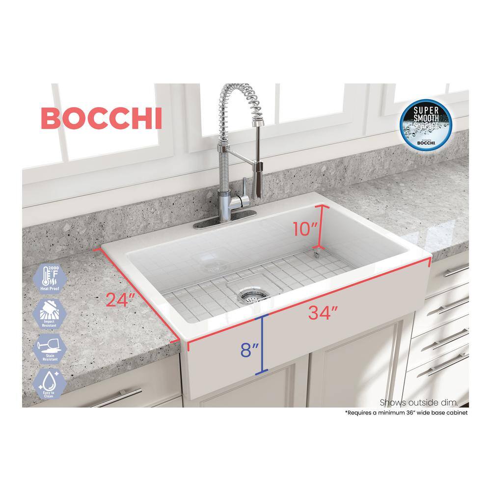 BOCCHI Nuova White Fireclay 34 in. Single Bowl Drop-In Apron Front Kitchen Sink with Protective Grid and Strainer 1500-001-0127