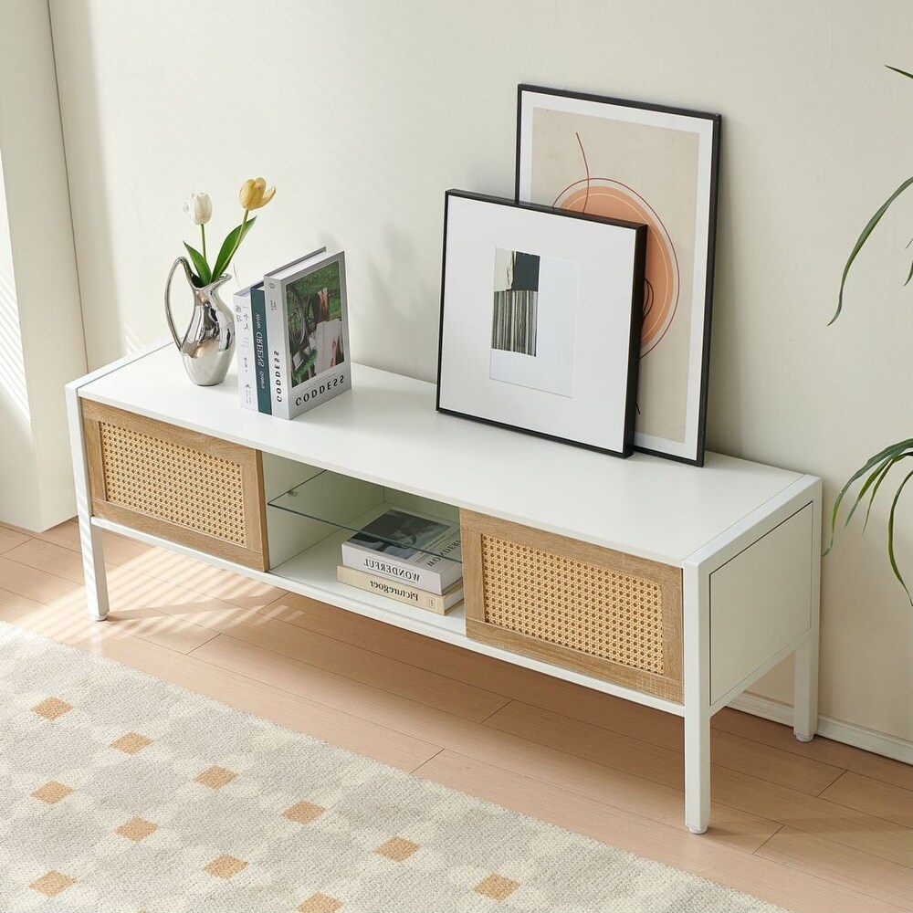 Rattan TV cabinet with variable color light strip AND metal legs