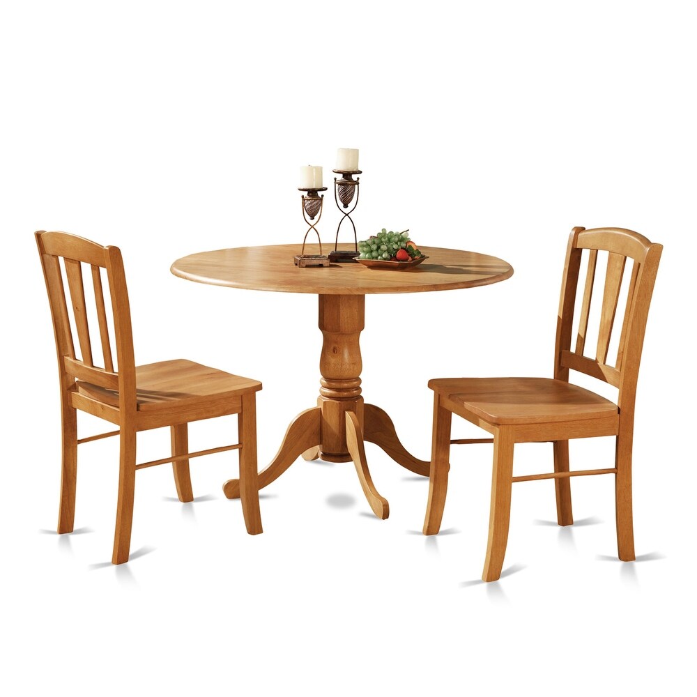 East West Furniture 3 Piece Dining Table Set Contains a Round Dining Room Table with Dropleaf and 2 Wood Seat Chairs  Oak