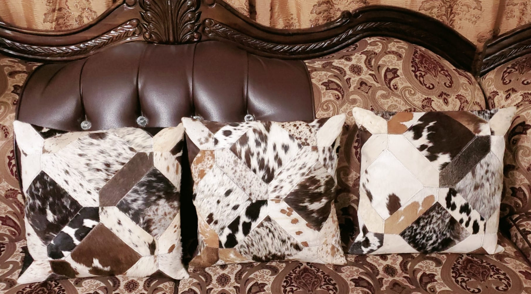 Cowhide Patchwork Cushion Covers (16 X 16 inch) | 100% Natural Hair on Cowhide Leather Pillow Cases | Real Cowhide Cushion Covers (Tricolor 3)