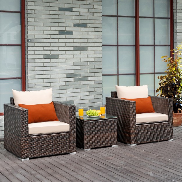 Costway 3pcs Patio Rattan Outdoor Furniture Set W Cushioned Sofa Coffee Table