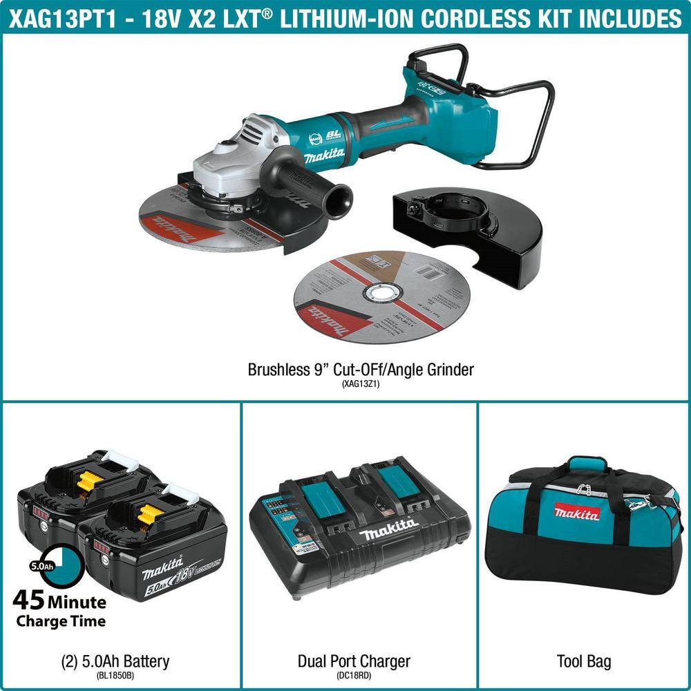 Makita 18V X2 LXT Lithium-Ion (36V) Brushless Cordless 9 in. Paddle Switch Cut-OffAngle Grinder Kit w Electric Brake 5.0Ah XAG13PT1