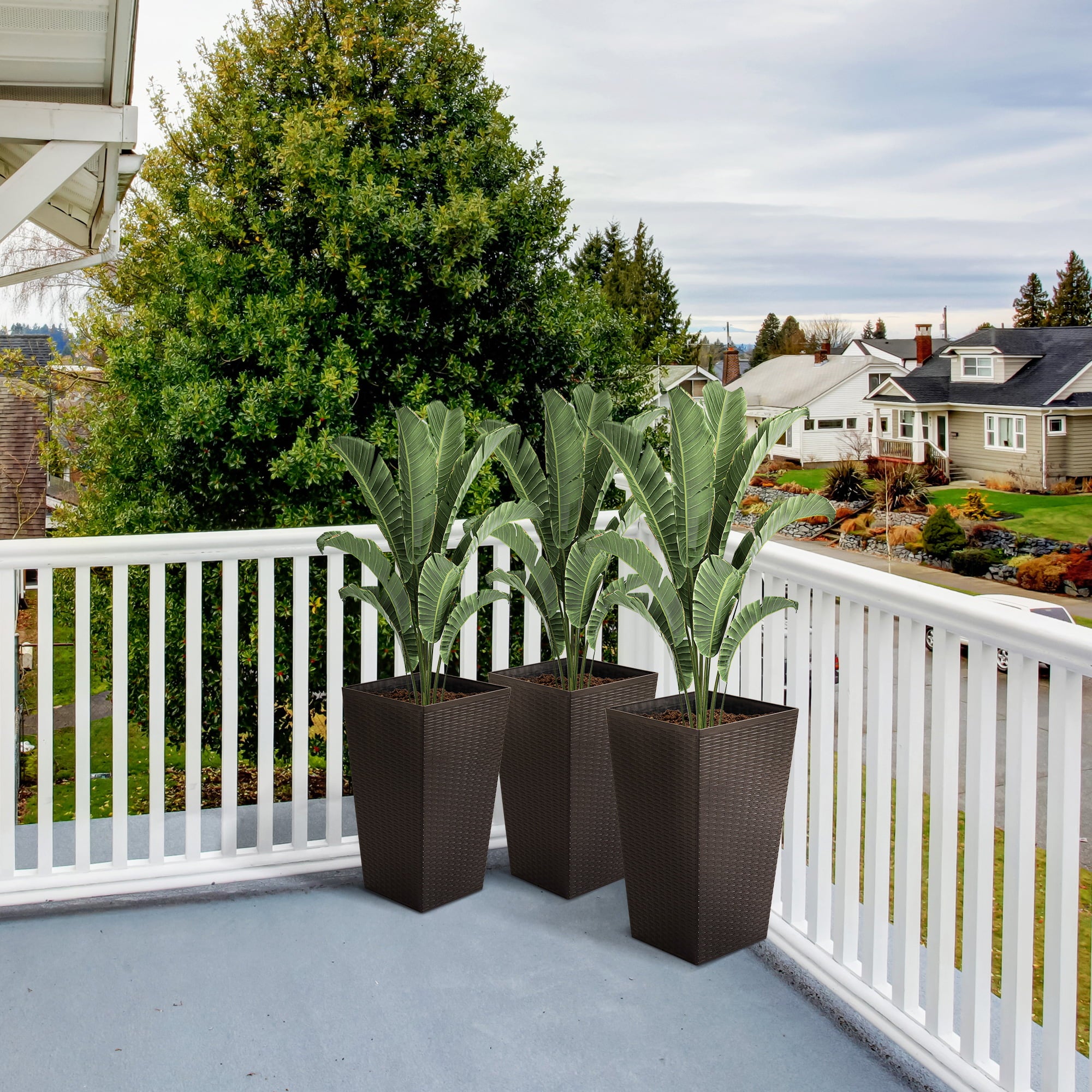 Outsunny Set of 3 Tall Planters, Outdoor & Indoor Flower Pot Set for Front Door, Entryway, Patio and Deck, Brown