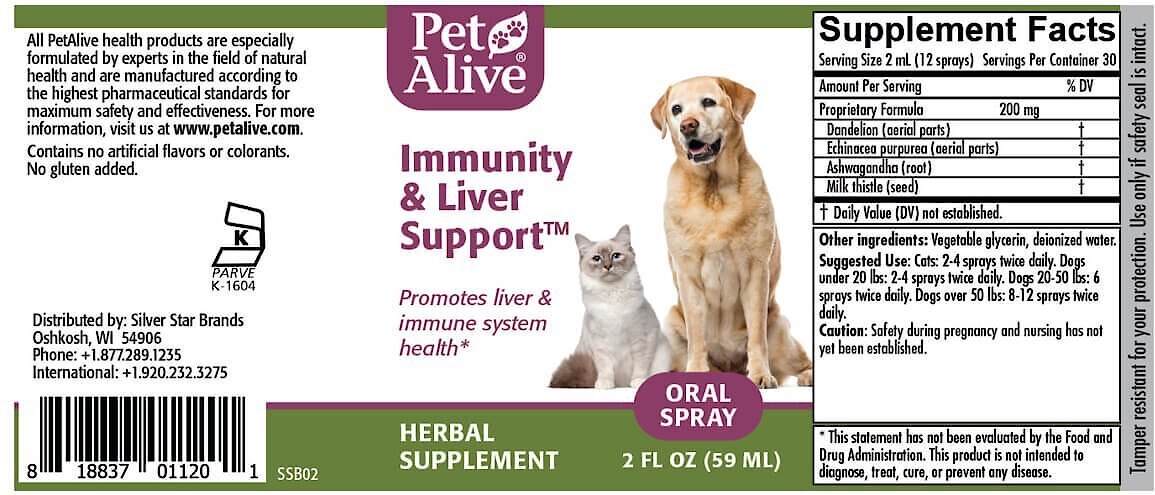 PetAlive Immunity and Liver Support Oral Spray Dog and Cat Supplement， 2-oz spray