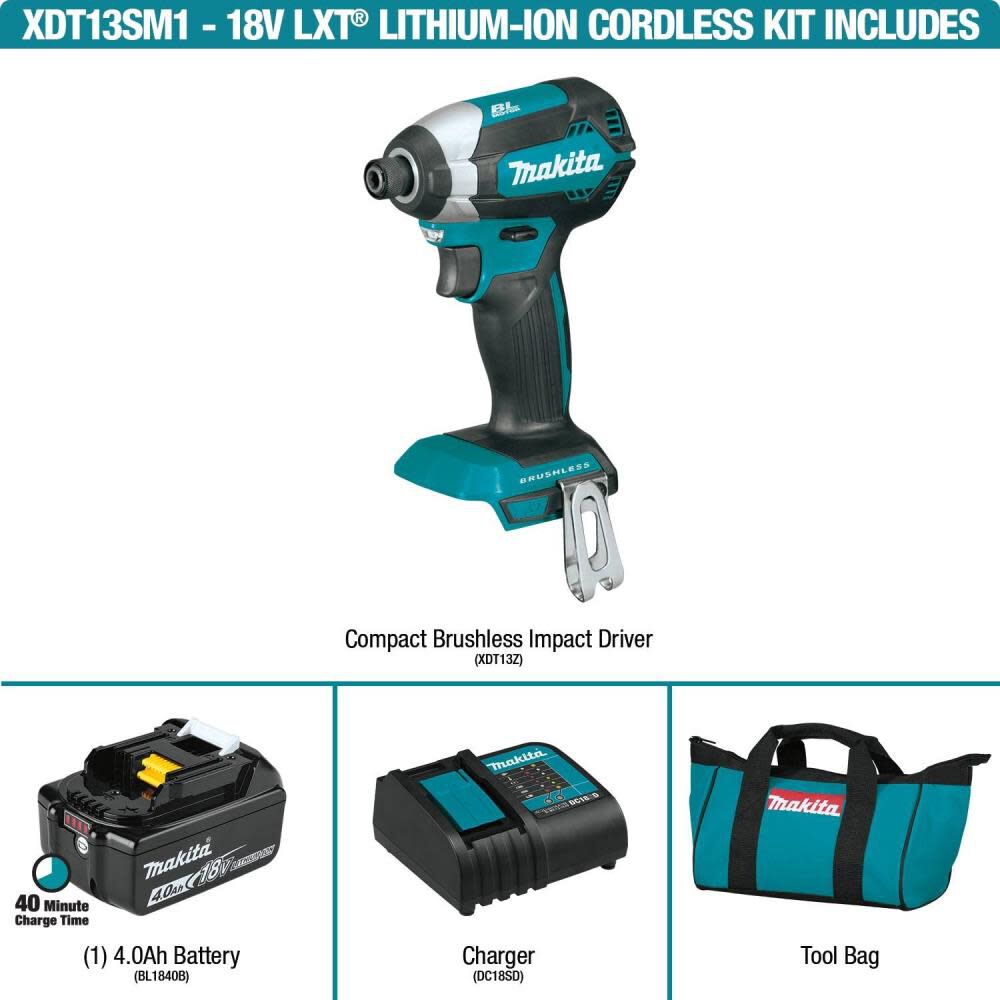 Makita 18V LXT Impact Driver Lithium Ion Brushless Cordless Kit XDT13SM1 from Makita