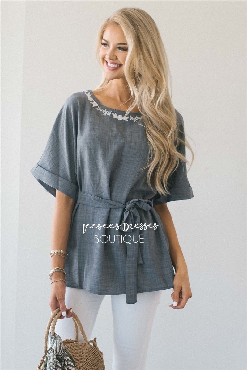 Embroidered Dolman Sleeve Tie Waist Top