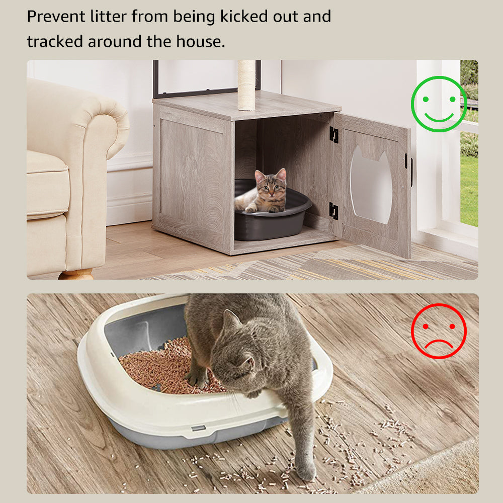 Unipaws Cat Litter Box Furniture with Cat Tree Tower， Wooden Litter Box Enclosure with Soft Perch， Gray