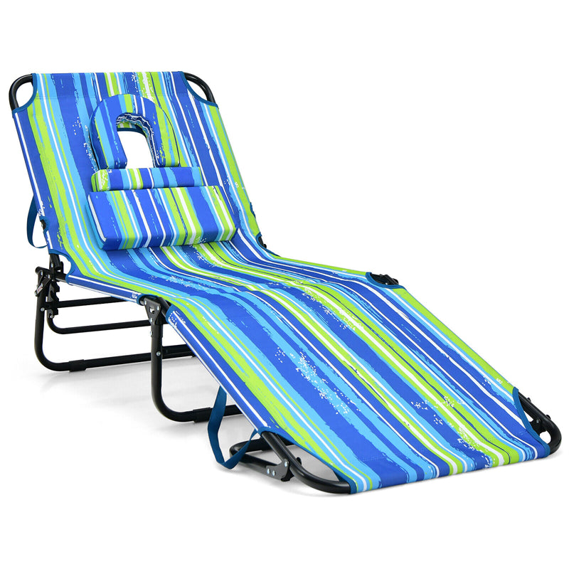 Folding Beach Chaise Lounge Chair 5-Position Adjustable Sunbathing Recliner with Face Hole & Dechatable Pillows