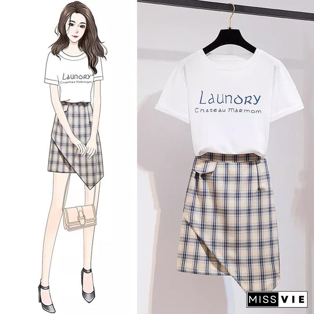 Basic Letter Tee+Plaid Skirt P10124