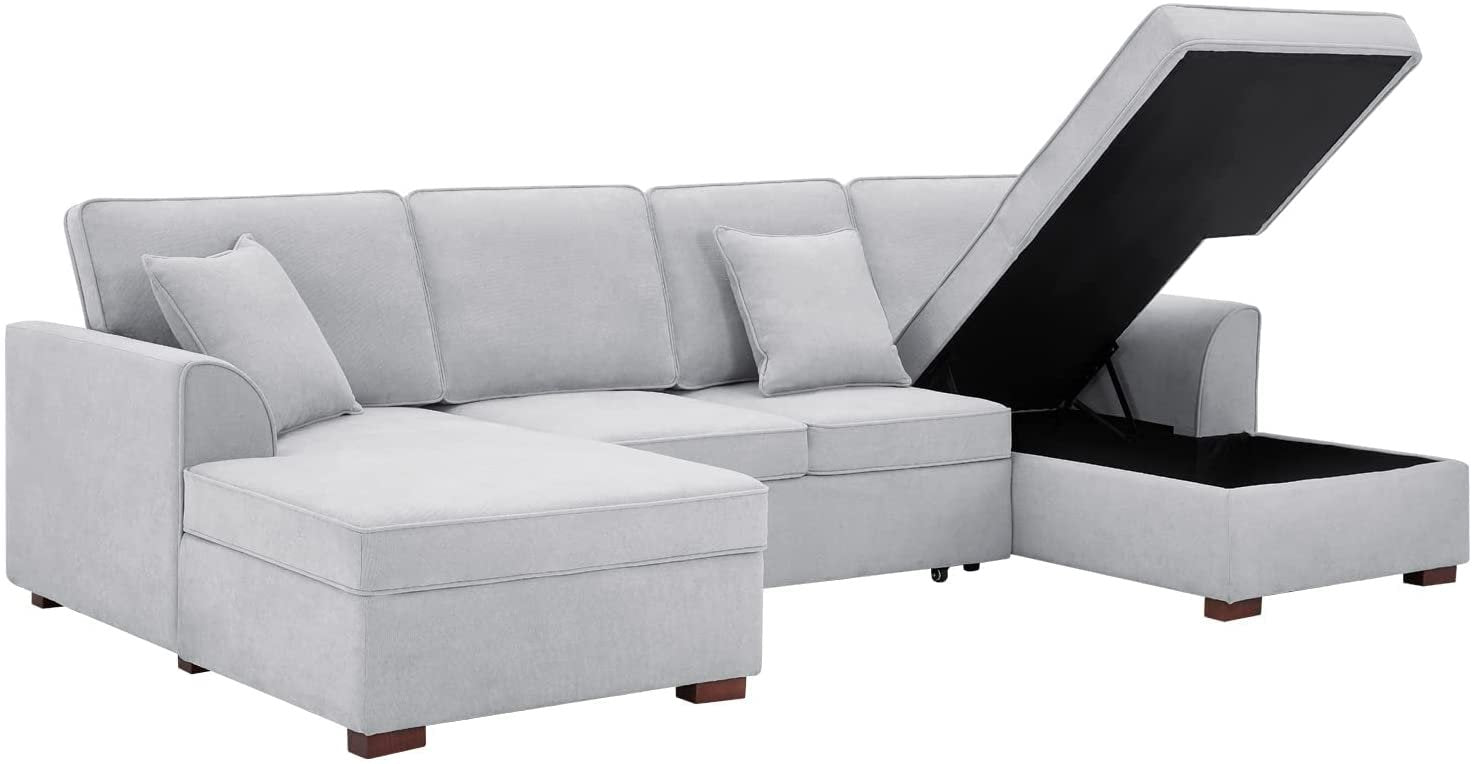 Mellcom U-Shaped Sectional Sofa with Pull-Out Bed, Upholstered Modular Couch with Storage, Gray